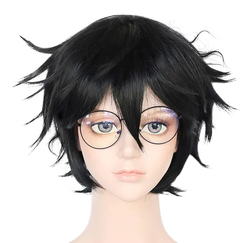 Vista 2 de ANOGOL Gorra de peluca+ 1 lente Peluca corta negra para hombres, peluca sintética negra para cosplay, peluca de anime para niños, para mujeres