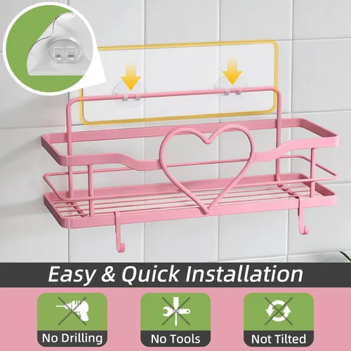 Vista 5 de Organizador de ducha rosa con 4 ganchos extraíbles, 2 paquetes de estantes de ducha Sweet Heart, estante organizador adhesivo sin perforaciones