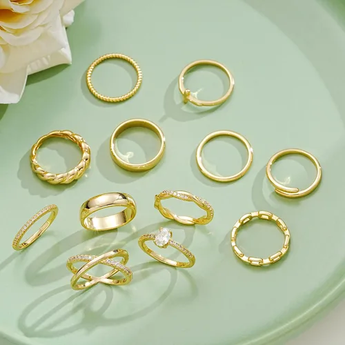 Vista 3 de FAXHION 12 piezas de anillos delicados de oro de 14 quilates para mujer, diseños cruzados de diamante simulado con giro grueso abierto de eternidad