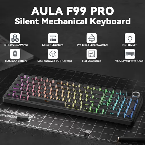 Vista 2 de AULA F99 Pro Teclado mecánico inalámbrico - Versión silenciosa, BT5.0/2.4GHz/USB-C Personalizable intercambiable en caliente, Estructura con junta
