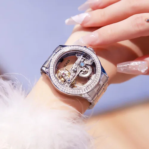 Vista 2 de OLEVS Reloj de mujer con diseño de esqueleto, mecánico automático, plateado, de lujo, impermeable, luminoso, para regalo del día de San Valentín