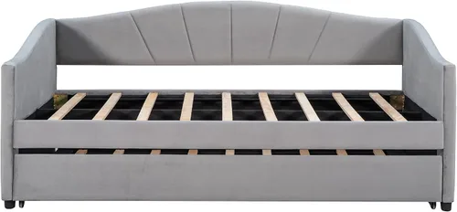 Vista 4 de Sofá cama nido con cama nido, tamaño individual, tapizada, de tela, marco de tablillas, soporte para dormitorio, sala de estar, no necesita caja