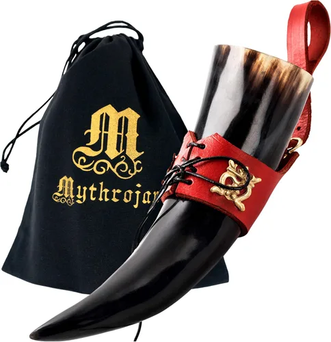 Vista 39 de Mythrojan Cuerno vikingo para beber 100% natural, auténtico, decoración de latón, cuerno nórdico con funda de cuero negro, bolsa de lona para vino