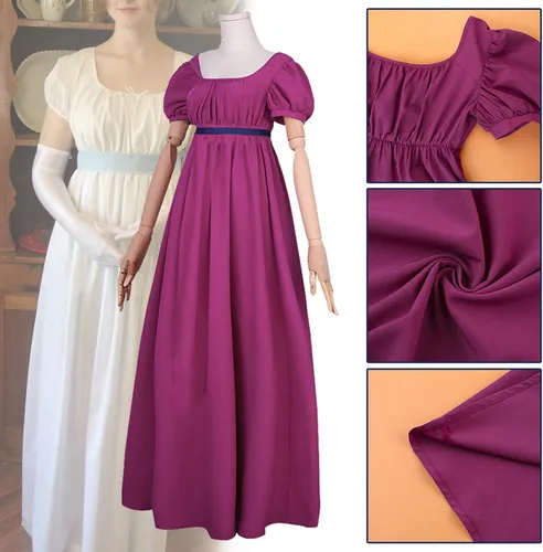 Vista 8 de Vestidos de la época de la Regencia para mujer, con satén, manga abombada fruncida, vestido de cintura imperio, vestido de satén