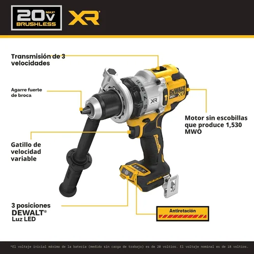 Vista 3 de DEWALT Kit de taladro de martillo inalámbrico de 1/2 pulgada MAX XR de 20 V con batería de 8 Ah y cargador (DCD1007WW1)
