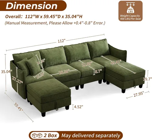 Vista 2 de Sofá modular modular en forma de U de 112 pulgadas con otomana de almacenamiento y funda de cojín lavable para sala de estar, dormitorio Verde
