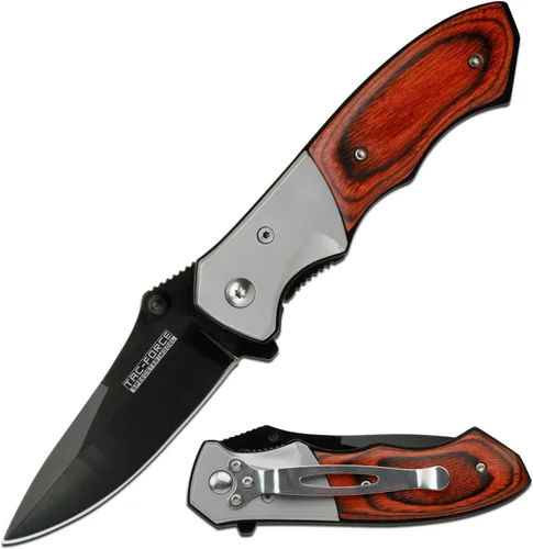 Vista 4 de Tac-Force Serie de cuchillos de bolsillo plegable, hoja de punto de caída, mango de madera con refuerzo de acero inoxidable, clip de bolsillo 2Pack