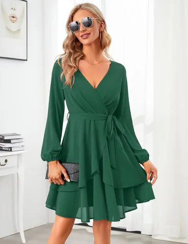 Vista 3 de KOJOOIN Vestidos de patinadora para mujer, sexy, cuello en V, manga corta, lazo en la cintura, con volantes, bohemio, con vuelo, mini vestido