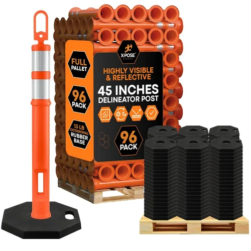 Vista 8 de Xpose Safety Postes de delineador naranja de 45 pulgadas con base, paquete de 3 – parte superior de anillo, banda reflectante de 10 pulgadas, base