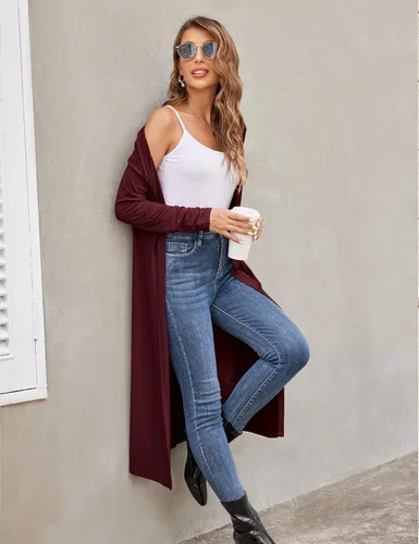 Vista 7 de Bluetime Women Long Open Front Maxi Cardigan Lightweight Duster Long Sleeve Cardigan (S-4XL)