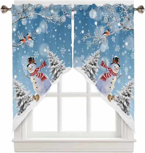 Vista 14 de BEMIGO Cortinas de cocina de Navidad, lindas cortinas de granja con muñeco de nieve azul, cenefa con bolsillo para barra de copos de nieve