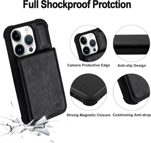 Vista 3 de VANAVAGY Funda tipo cartera compatible con iPhone 14 Pro Max para mujeres y hombres, de piel sintética, cierre magnético, con bloqueo RFID Negro