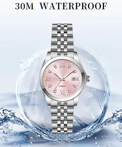 Vista 4 de Reloj de pulsera para mujer, reloj de cuarzo de acero inoxidable, luminoso, impermeable, reloj de negocios para mujer Rosa