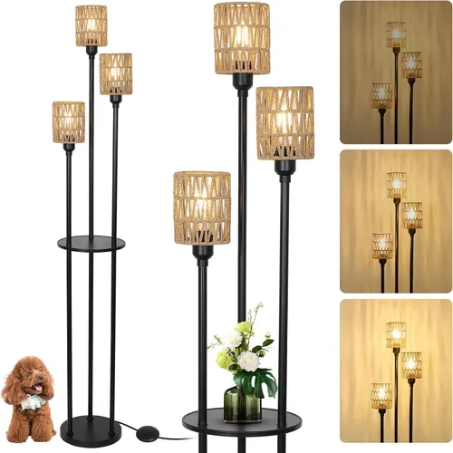 Vista 12 de Lámpara de pie con estantes, lámparas de pie modernas para sala de estar, lámpara de pie de 3 luces con pantalla de lino e interruptor de pie