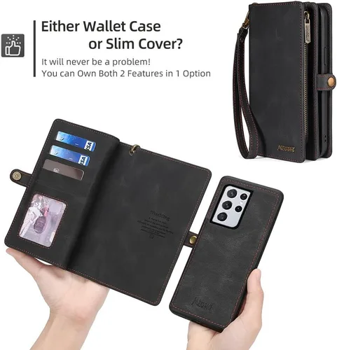Vista 5 de Asuwish Funda de teléfono para Samsung Galaxy S21 Ultra 5G con cremallera, funda desmontable con protector de pantalla de vidrio templado