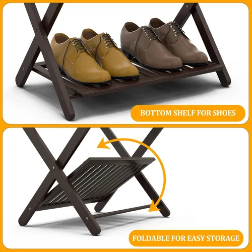 Vista 7 de Juego de 2 portaequipajes de bambú, totalmente montado, para habitación de invitados, soporte plegable para maleta con estante para zapatos, soporte