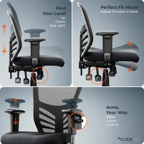 Vista 7 de Flow Silla de oficina de malla con respaldo medio, soporte lumbar, asiento acolchado extra negro