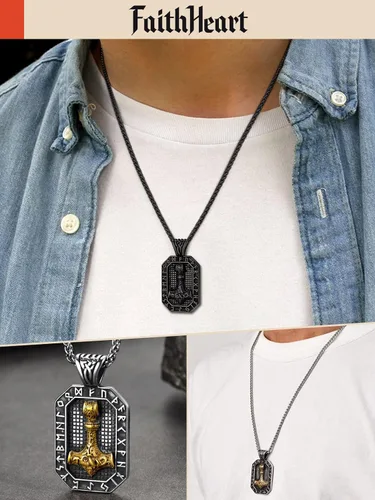 Vista 9 de FaithHeart Viking Thor's Hammer Talismán Collar para hombre, colgante de amuleto nórdico vintage de Mjolnir con cadena de trigo resistente, joyería