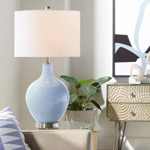 Vista 8 de Color + Plus Lámpara de mesa moderna de 28.5 pulgadas de alto, cristal azul Mónaco OVO blanco con pantalla de tambor de lino para sala de estar