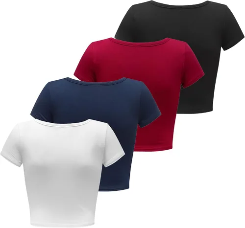 Vista 3 de Formeet17 4 piezas de camisetas cortas básicas con cuello redondo y manga casquillo para mujer