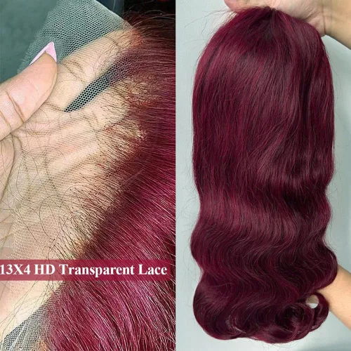 Vista 5 de 99J - Peluca de cabello humano ondulado con encaje frontal HD de 13 x 4 99J Borgoña