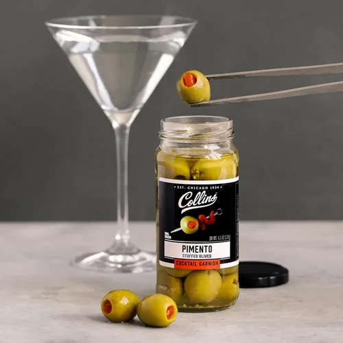 Vista 7 de Collins Aceitunas rellenas de pimiento - Aceitunas de cóctel gourmet - Aceitunas de reina españolas con pimienta de pimiento, cóctel de Martini