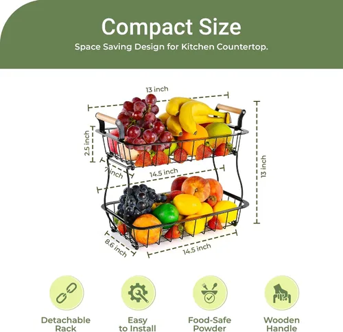 Vista 6 de DINEST Cesta de frutas de 2 niveles para encimera de cocina, organizador de almacenamiento de frutas y verduras de metal desmontable con mango