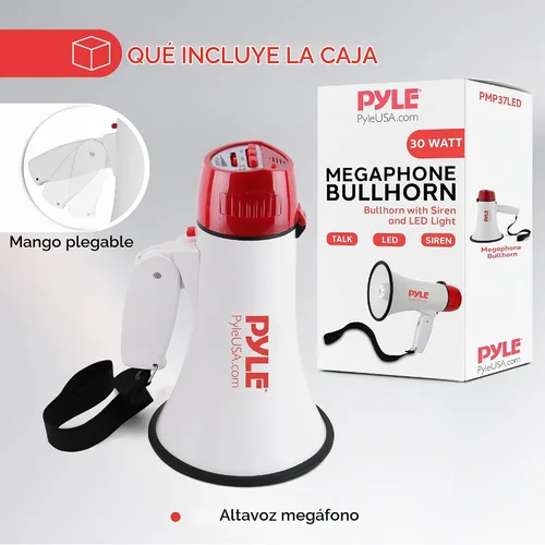 Vista 8 de Pyle 30W Megaphone Bullhorn with Built-in Siren, LED Lights, Adjustable Volume Control, 800-Yard Range, Lightweight & Portable - Ideal for Football