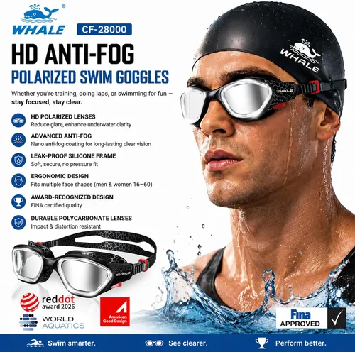 Vista 2 de Whale Gafas de natación polarizadas antiniebla, unisex, 100% protección UV, gafas antivaho de alta definición, visión de gran angular