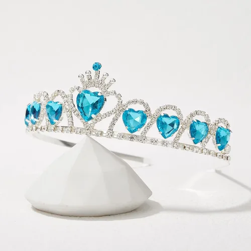 Vista 5 de SWEETV Tiara de princesa azul, regalo de tiara de cumpleaños, corona de cristal en forma de corazón, accesorio para disfraz de Elsa