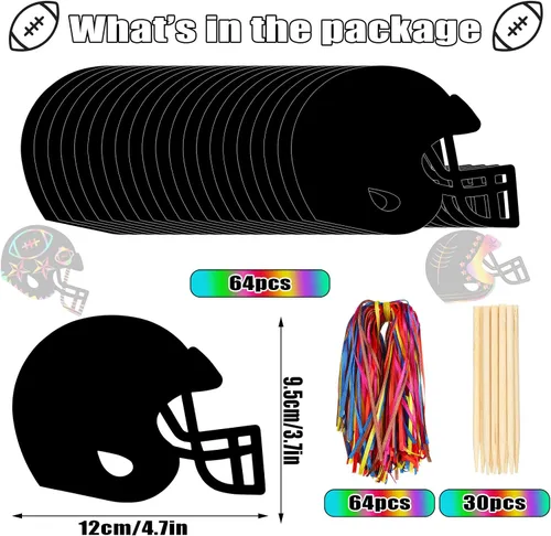 Vista 2 de Syhood Juego de 64 piezas de manualidades de papel para rascar de fútbol, diseño de arco iris, casco de fútbol, tarjetas de rascar con lápiz óptico