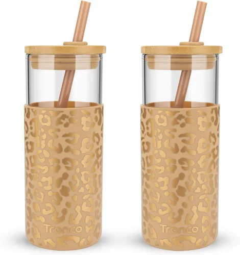 Vista 22 de Tronco Vaso de vidrio de 20 onzas con tapa y popote, taza de café helado y vaso para batido con tapas de bambú y funda protectora de silicona, apto
