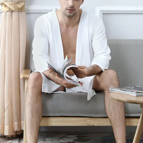 Vista 3 de Lu's Chic Men's Waffle Kimono Robe Lightweight Spa Bathrobe Pockets Turkish Hotel Nightgown