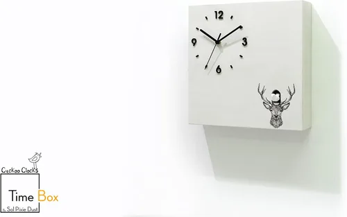 Vista 3 de Modern Cuckoo Bird Time Box Clock - White Chalk Laser Engrave - Wall Mount Pendulum Clock - Deer Head - Forest Animal - Cabin Decor - Antler