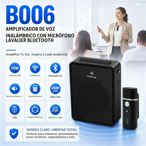 Vista 2 de Amplificador de voz con Bluetooth y micrófono inalámbrico Lavalier B006 15W Negro