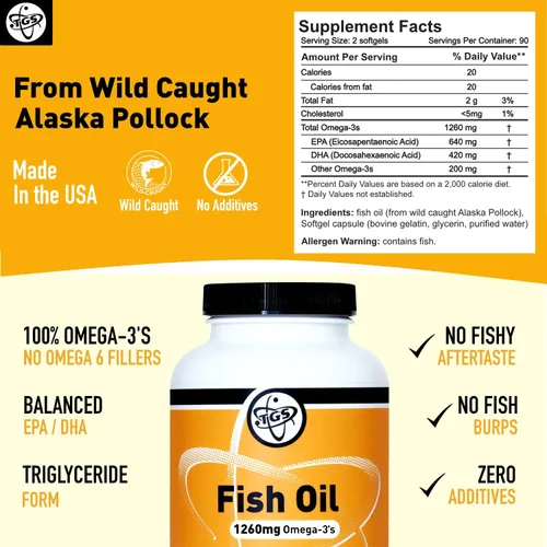 Vista 2 de TGS Suplemento de aceite de pescado Omega 3 extra fuerte – 1260 mg EPA DHA para hombres y mujeres – Ácidos grasos omega 3 puros sin erupciones