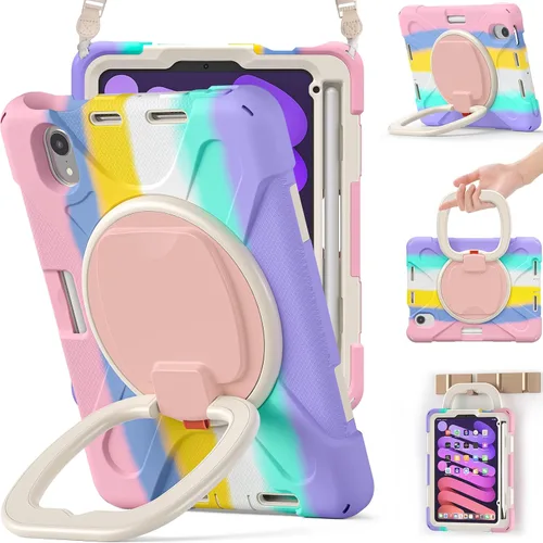 Vista 8 de BRAECNstock para Apple iPad mini 5/4 Funda 2019/2015 19,9 cm, Funda Protectora a Prueba de Golpes con Soporte para Lápices, Correa Giratoria