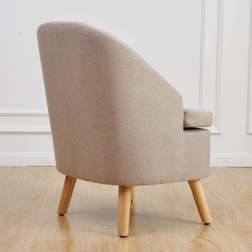 Vista 9 de Bonita silla tapizada color beige con estilo de barril, sofá individual redondo de tela similar al lino de algodón para patas de madera, sala
