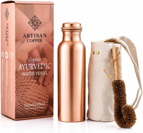 Vista 11 de Artisan - Botella de agua ayurvédica de cobre de 32 onzas, hecha a mano, 100% cobre puro, botella martillada para beber con cepillo de madera y Negro