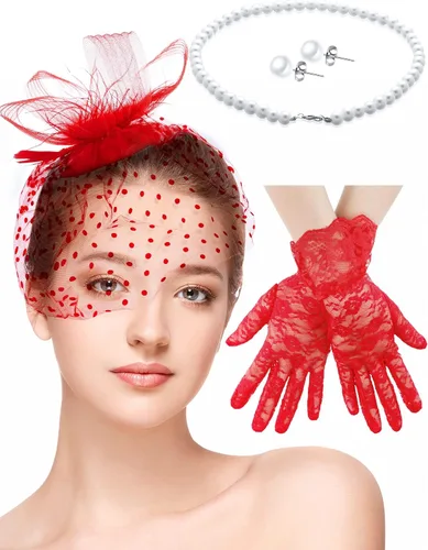Vista 7 de Honoson Juego de 4 Sombreros Fascinadores para Mujer, Accesorio de Tocado para Fiesta de Té, Velo, Guante de Encaje, Juego de Perlas, Boda Negro