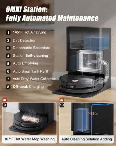 Vista 7 de Yeedi S16 Plus Robot Aspiradora y Trapeador con Estación Omni Automática, Succión de 16,600Pa, Mopa Autolavadora OZMO, ZeroTangle 3.0, Elevación