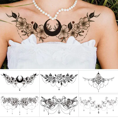 Vista 2 de Glaryyears Tatuajes temporales para el pecho y debajo del seno para mujeres adultas, paquete de 6, tatuajes falsos negros realistas grandes de larga