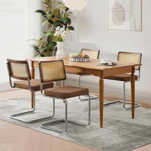 Vista 12 de Juego de 2 sillas de comedor de terciopelo con respaldo de ratán, diseño moderno Breuer con base cromada inoxidable sin brazos tapizada para Beige