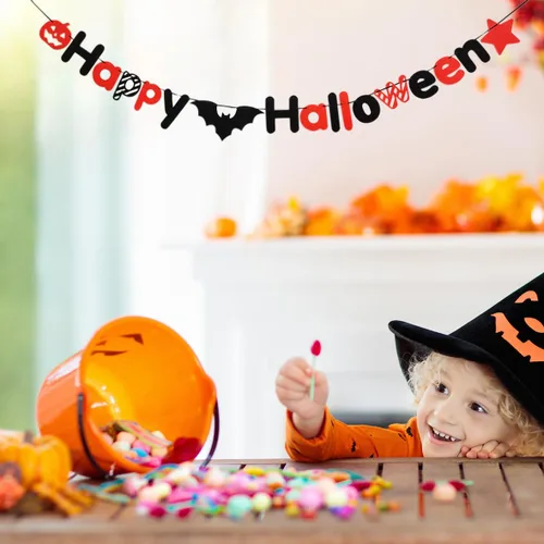 Vista 3 de JSDJ Cartel de Feliz Halloween, guirnalda de fieltro con decoraciones de calabaza araña, suministros de fiesta para uso en interiores, pared