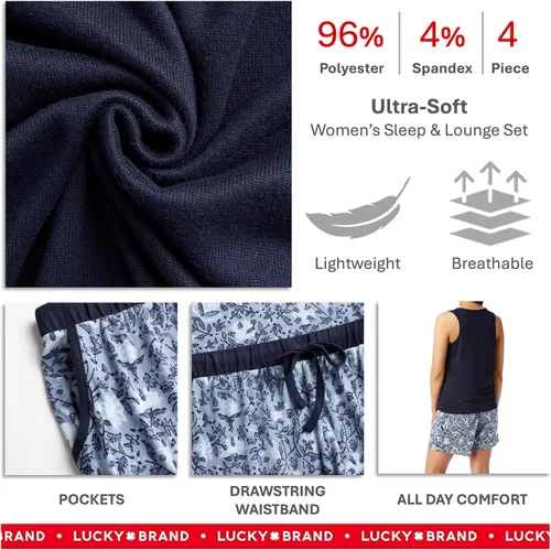 Vista 3 de Lucky Brand Conjunto de pijama de 4 piezas para mujer, camiseta suave, camiseta sin mangas, pantalones cortos y pantalones, Azul, Grande