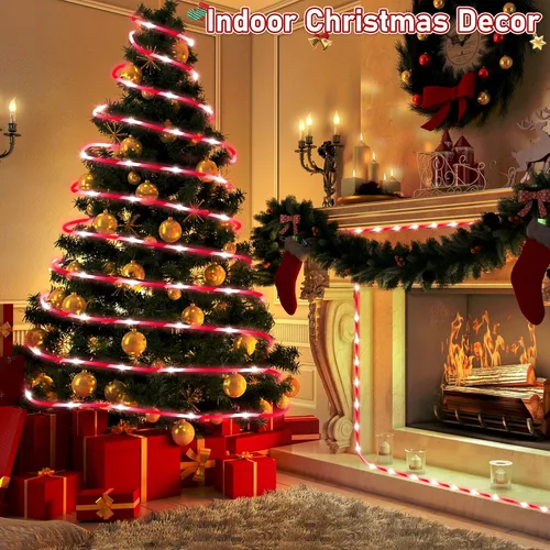 Vista 7 de Hiboom Cuerda de luces de bastón de caramelo de Navidad de 32.8 pies, 8 modos de iluminación al aire libre, impermeable, cuerda de luces de Navidad