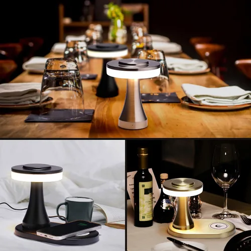 Vista 5 de O'Bright - Lámpara de mesa LED portátil con almohadilla de carga inalámbrica, lámpara de noche regulable y recargable, luz ambiental para plateado
