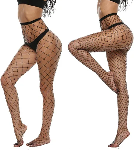 Vista 4 de MANZI Medias de red de cintura alta para mujer medias de malla sexy con agujero grande