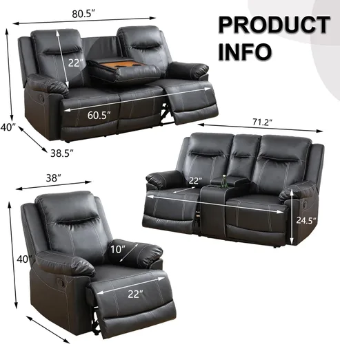 Vista 2 de Juego de sofá reclinable de cuero, juego de sofá manual de cuero regenerado para sala de estar, juego de muebles de sala con consola de Negro