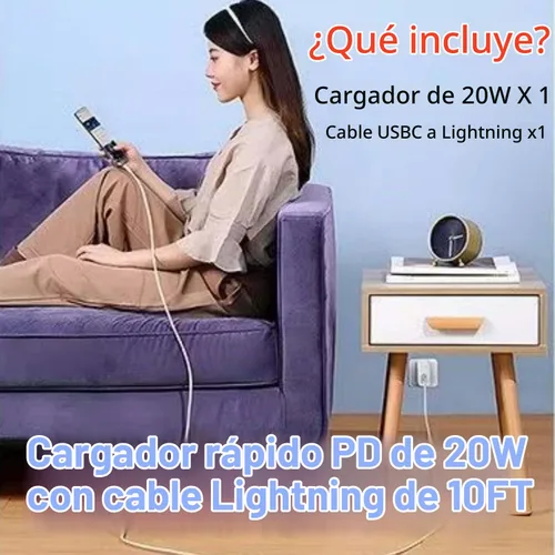 Vista 6 de Certificado MFi para cable USB-C a Lightning extralargo de 10 pies con cargador PD de 20 W, 1 paquete Cable de carga rápida de 27 W compatible